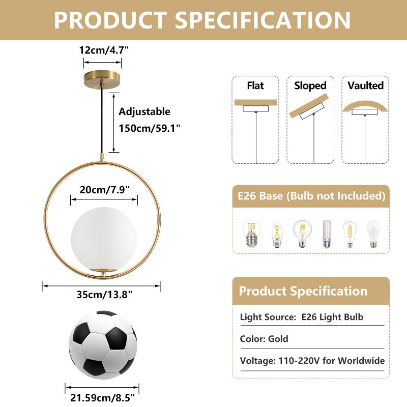 KCO Mid Century Modern Large Globe Pendant Light Fixture 1-Light Brushed Brass Gold Ceiling Hanging Pendant Lighting Minimalist White Glass Round Pendant Light (13.8â€-Large) - Image 2